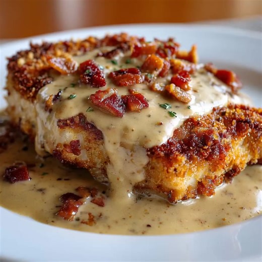 Crispy pork chops topped with creamy bacon gravy for a hearty meal. 😍😍😍 Ingredients 4 boneless pork chops, about 1/2-inch thick 1 cup all-purpose flour 1 teaspoon garlic powder ..… | Family Cookbook Recipes