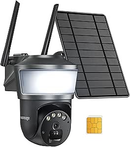 4G LTE Cellular Security Camera Wireless Outdoor, No WiFi Security Cameras Solar Powered, PIR Detection, 360°Cameras for Home Security with Floodlight, 2K Color Night Vision, Built-in SIM Card