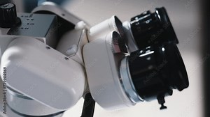 Surgical microscope in the operating room of a modern ophthalmology clinic with high-quality equipment. Vision correction, cataract treatment.