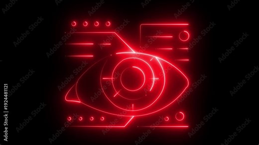 Glowing neon eye with scanning target lines animation on dark background. Futuristic biometric identification concept representing retina scan, cybersecurity, surveillance and digital authentication.