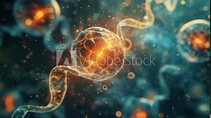 A highly detailed image of glowing DNA strands and cells under a microscope. The visual captures the complexity of cellular structure, illuminated in a vibrant, scientific atmosphere.