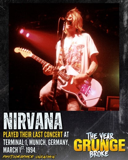 On March 1st, 1994, NIRVANA played their final concert at Terminal 1 in Munich, Germany. The black-and-white photos shown are by Alex Rodriguez; the photographer of the colour photos is unknown. This wasn’t the final scheduled date of the tour. The band had upcoming dates in late March for Manchester and Glasgow, as well as four nights at Brixton Academy in London, before finishing up the tour in Dublin, Ireland, on April 8th. But these remaining dates were cancelled due to Kurt's deteriorating 