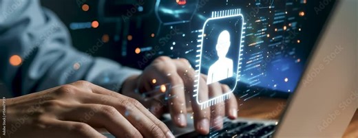 Hands typing on laptop with glowing AI assistant and chatbot interface, symbolizing artificial intelligence, coding, digital automation, and virtual support system technology. Copy space area