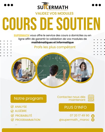 🎯 Marre de galérer avec tes modules ? Avec SUPERMATH, réussir tes cours de mathématiques et d’informatique devient simple et efficace 💪 📚 Cours personnalisés – à domicile ou en ligne 👨‍🏫 Encadrés par des profs qualifiés et passionnés ✅ Analyse • Algèbre • Probabilité • Programmation 🚀 Prépare-toi à valider tes modules avec confiance ! 📞 0720174990 📩 @supermath_maroc 📚 كتعاني مع لموديلات ديال الرياضيات ولا المعلوميات؟ مع SUPERMATH النجاح ولا ساهل بزاف 💪 👨‍🏫 دروس خصوصية فدارك ولا أونلا