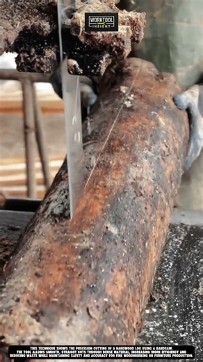 Cutting hardwood log in workshop using bandsaw