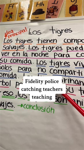 The fidelity police flagged 10 violations in this first grade classroom. Teachers were caught creating anchor charts with students instead of reading slides. Sentence frames showed up in math so students explained their thinking. El Puente was used intentionally to connect Spanish and English. Vocabulary was color coded so students noticed patterns. Nouns, adjectives, and simple sentences were taught explicitly instead of hoping kids would infer them. They also made sure students were listening,