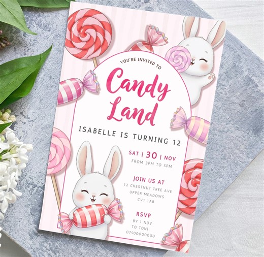 Candy Land Birthday Invitation for Kids | Whimsical Bunnies and Sweets | Editable Template - Etsy UK
