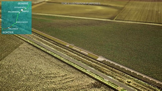 Get a bird's-eye view of the proposed design through the Condamine floodplain in the NSW/Qld Border to Gowrie section of Inland Rail. 👇 Following the existing Queensland Rail Millmerran Branch line, this design features four bridges spanning over 6km and approximately 600 culverts. 🚆 Find out more about the proposed design: https://inlandrail.info/4ebooJV Please note: This design is shown for illustrative purposes only and for discussion during community consultation and should not be consider