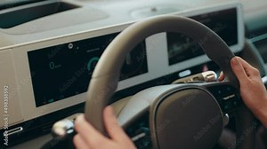 The New technology in hybrid car. Driver Attention Warning function DAW. Interior of autonomous car. Driverless vehicle. Color multi-function car display. Digital dashboard of a modern car