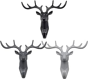 Maydahui 3 PCS Deer Head Wall Hook Antler Hanger Animal Shaped Key Coat Hat Hooks Plastic Home Decoration Black White Grey Heavy Duty for Living Room Bedroom Bathroom