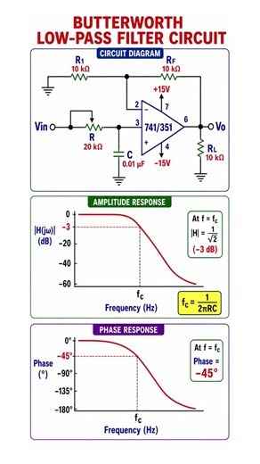 Butterworth low pass filter circuit, amplitude & phase response