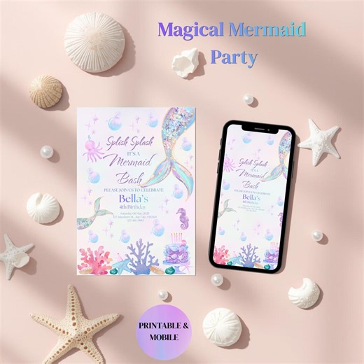 Mermaid Birthday Invitation Template Editable in Canva, Printable & Mobile Mermaid Party Invite, Under the Sea Birthday Invitation Download - Etsy