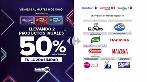 ¡Mirá estas promos imperdibles! 😎 Hasta el martes 13 de junio, aprovechá: 🔹Con #MiCarrefour Clásico, Prepaga y Crédito 50% de descuento en la segunda unidad en productos de marcas elegidas de chocolate para taza, yogures enteros en pote/sachet, café, caldos, sopas, bolsas para horno, jugos en polvo, shampoo, acondicionadores y tratamientos capilares, papel higiénico, rollos de cocina y jabón para la ropa. 🍫🧻 🔹Suprema de pollo congelada a $1399 x kg🍗 Encontrá todo en Hiper, Market y carrefo