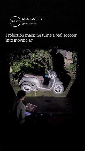 Techify on Instagram: "Standing in the dark and watching a quiet scooter slowly glow, shift, and move through layers of light feels strangely intimate, like seeing an ordinary object reveal a hidden personality through color and motion 🎥✨ This effect is created through projection mapping, a process where visuals are carefully aligned to the exact shape of a real object so every curve, edge, and surface becomes part of a synchronized visual display rather than a screen or digital edit. Credits: