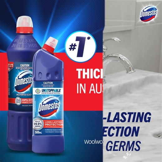 Domestos Thick Bleach removes tough stains and clings below waterline, offering long-lasting protection from germs. Now available in 500ml at Coles. | Domestos Australia