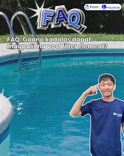 FAQ | Frequently Asked Question How often should you replace your pool filter element? It depends on the type of filter and how often your pool is used. • Cartridge Filter – replace more or less 1 year • Sand Filter – replace the glass media every 5–7 years • DE Filter – replace DE after every backwash and do a deep clean once a year Regular filter replacement helps keep your pool water clean, clear, and safe. 💧 Fresh filters mean fresher, clearer pool water. Because a clean filter is the key t