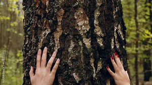 Man and woman Arms touching a Tree In a Forest, showing Love and Care for Nature and Environment of Earth. Couple having romantic autumn day in forest. Hugging tree. Close up on hands of couple.