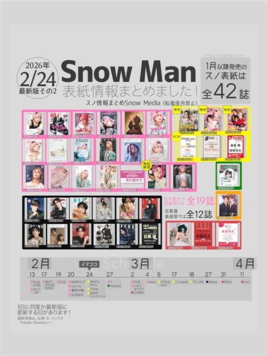 ＼⛄️2/24最新版その2📚／ 2026年1月以降発売の #スノ表紙 まとめを更新しました‼️ 💡NEW表紙💡 💛3/5「STAGE navi vol.109」 ・・・1月以降発売のスノ表紙は【全部で42誌】に！🎉 💡表紙解禁💡 🩷3/2「J Movie Magazine vol.128」 🩷佐久間大介表紙まつりは《全19誌》🩷 🖤目黒蓮表紙まつりは《全12誌》🖤 💡本日発売💡 💛月刊TVガイド 4月号 💛TVfan 4月号 💛月刊ザテレビジョン 4月号 ＿＿＿＿＿＿＿＿ 🖤1/5「ESSE 2月号」 🖤1/5「シネマスクエア vol.157」 🖤1/5「CHEER Vol.65」 🩷1/5「J Movie Magazine Vol.126」 🖤1/6「ダ・ヴィンチ 2月号」 🖤1/8「FINEBOYS 2月号」 🖤1/21「SCREEN 3月号」 🩷1/21「週刊TVガイド 1/30号」 🖤1/22「SPRiNG 3月号」 🖤1/22「BARFOUT! 2月号」 🖤1/22「美的 3月号 SPECIAL EDITION」 🧡1