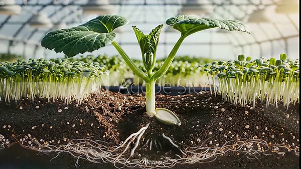 Pumpkin seed germination and growth conceptually symbolizing new beginnings and opportunities to blossom, effectively capturing the idea of sprouting seeds in a controlled greenhouse environment.