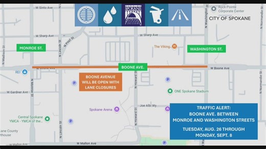 Grind and overlay work is happening right now on Boone Avenue between Washington Street and Monroe Street, causing delays for people in the area. | KREM 2 News
