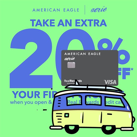 Open and use your Real Rewards credit card and earn rewards to spend at your favorite American Eagle and Aerie stores. Take an extra 20% off your first purchase if you are approved and enjoy free shipping and returns. | Synchrony