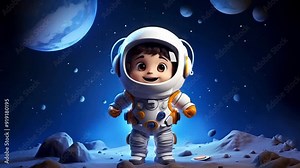 A cute cartoon baby astronaut floats in space, exploring the stars and planets in a whimsical, imaginative adventure