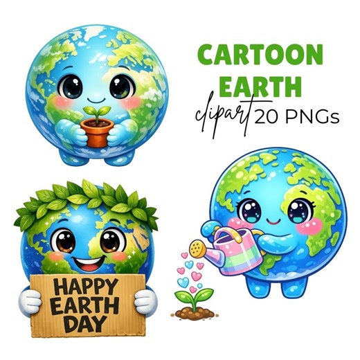 Cartoon Earth Clipart, Adorable Planet Earth Graphics (digital Download - 20 Pngs) - Etsy