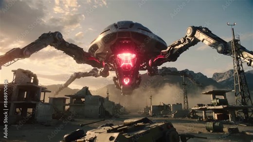 robot géant, araignée mécanique, attaque, véhicule blindé, science-fiction, menace, apocalypse, machine, sci-fi, laser rouge, futur, combat, danger, destruction, technologie avancée, ruines, tension,