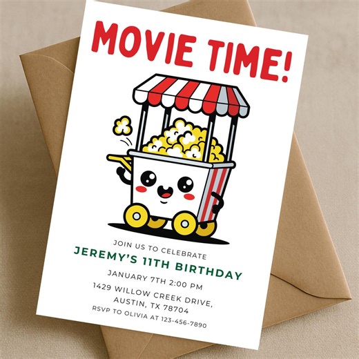 Popcorn Movie Night Birthday Invitation, Printable Popcorn Machine Movie Party Invitation for Kids Birthday, Cinema Party Invite Printable - Etsy