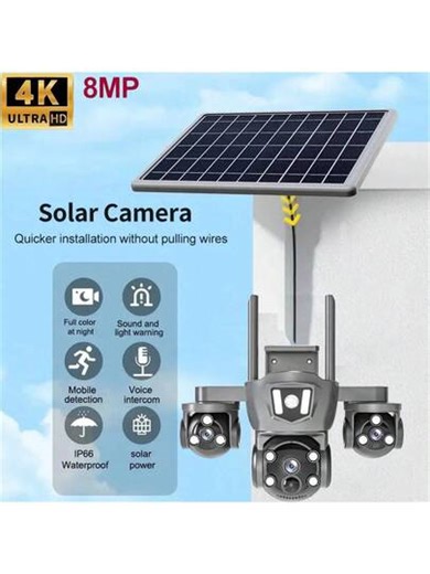 4K/8MP Solar-Powered Surveillance, 2.4GHz Wireless Wi-Fi, Triple-Lens 360° Panoramic Wireless Outdoor Surveillance, PIR Detection, Rechargeable Battery-Powered Home Dual-Lens Surveillance With Color Night Vision, Two-Way Audio, Two-Way Talk, Loop Recording, 24/7 Real-Time Monitoring, Anti-Theft And Anti-Peeping Monitoring, And Cloud Storage | SHEIN
