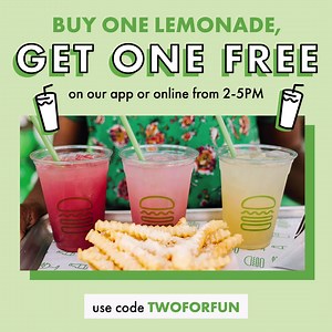 135 reactions · 29 shares | From 2-5pm, score a second lemonade on us with your purchase of any Shack-made lemonade. Use code TWOFORFUN  Monday thru Friday  Pick up only  Order online or on the ShackApp thru 3/31. | Shake Shack | Facebook