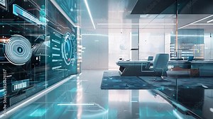 Futuristic Office Space: A sleek and modern office interior with holographic displays showcasing cutting-edge technology, creating an immersive and inspiring work environment.