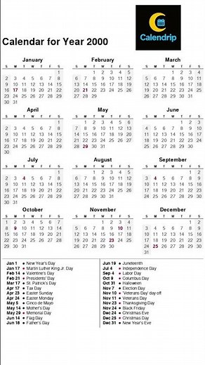 Calendar 2000 #monthsoftheyear #2000