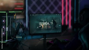 Playing the modern swat video game on a computer. Main menu screen of the military swat video game. Choosing a tactical soldier from a character selection menu in a swat video game. Entertainment.