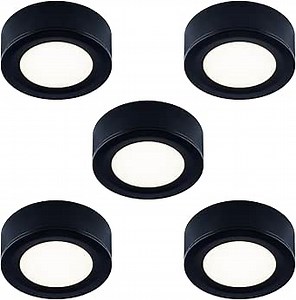 LUMILAND Wired LED Puck Lights 120V (2.7Wx5) Plug-in Lighting Warm White, LED Cabinet Light for Kitchen Can Be Surface Mount or Recess Mount, Black