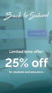 🎒✏️ Say hello to Prezi AI, your ultimate presentation partner! With Prezi AI, creating presentations is a breeze. Simply share your idea, and Prezi AI takes care of the rest, delivering beautifully designed slides in minutes. Perfect for students, teachers, and professionals alike. Don’t miss out on our special back-to-school offer. Get 25% off today by tapping the link. Make this school year your best one yet with Prezi AI! | Prezi