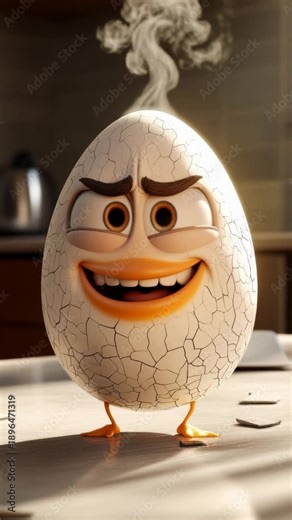 Shocked cartoon egg character with cracked shell and steam coming out of its head