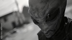 Close-up of an alien figure with large eyes, monochrome