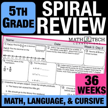 5th Grade Daily Morning Work Packets, Math & Grammar Spiral Review Worksheets