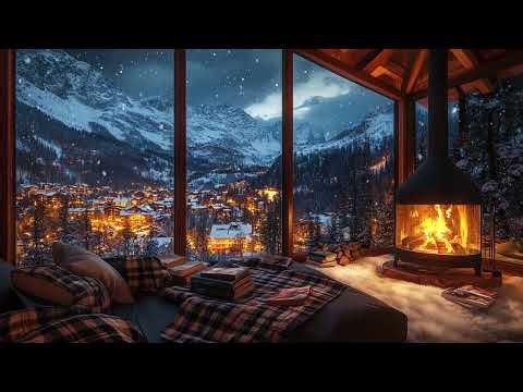 Firelight and Snow at Night | Warm Winter Ambience with White Noise for Full Relaxation and Sleep