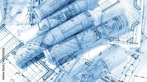 Architectural Blueprints - rolls of architectural drawings smoothly rotate on the surface of the architectural plan of a modern house / seamless looping