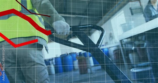 Warehouse worker gripping jack handle, making pulls initiating red graphs over grid tracking flow