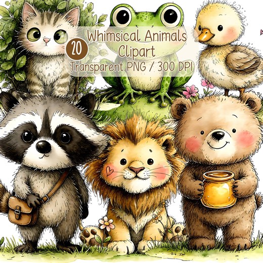 Whimsical Forest and Jungle Animal Clipart Bundle With 20 Pngs Including Bear, Lion, Raccoon, Duckling, and Frog - Etsy