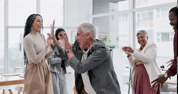 Dance, party and office celebration with senior man ceo and colleagues applause in support of success. Team, dancing and business people excited for growth, sale or profit target deal and paper throw