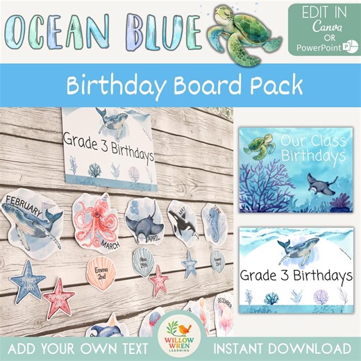 Sea Creature Birthday Board | Ocean Blue Classroom Decor (canva, Powerpoint, PDF Download ) - Etsy