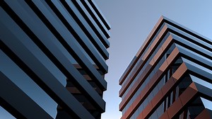 Two modern buildings with glass windows. Architecture design of...