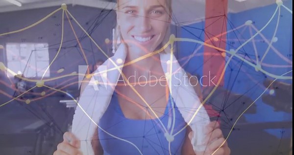 Cam zooming leading woman draping towel on neck in fitness for cooling down, net overlay drifting