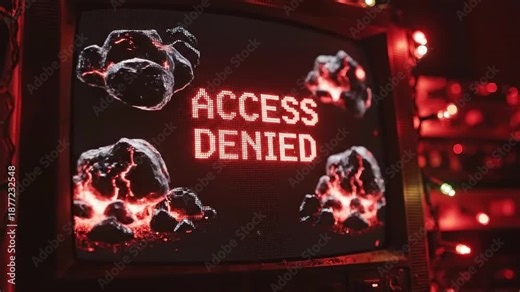 "Access Denied" on retro CRT monitor with glowing lava rocks, cybersecurity error message.