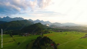 Panorama from the air sunset Forggensee and Schwangau, Germany, Bavaria