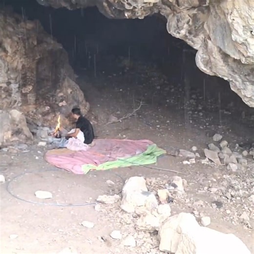 710K views · 6.7K reactions | In the embrace of a vast cave, amidst the relentless downpour, Ali finds refuge not only from the storm but also in the warmth of his protective insti | Off Grid Living | Facebook